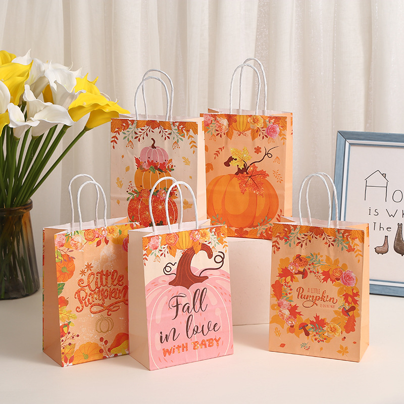 印花南瓜购物袋感恩节礼品袋节日派对包装袋牛皮纸手提袋纸袋批发