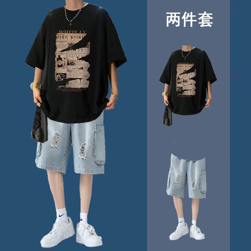 Summer Casual suit Men's Fashionable Duffian Handsome Short-Sleeved T-Shirt Two-Piece Set Student Denim Shorts Set of Clothes