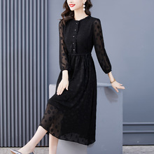 高档品牌女装华哥弟情蕾丝连衣裙秋季长袖黑色气质中长款大码裙子