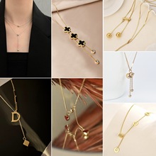 跨境热销不锈钢长款流苏吊坠项链双层锁骨链18K金轻奢高级感饰品