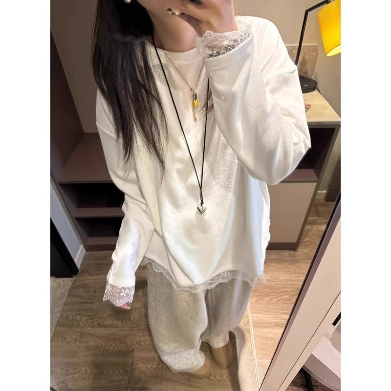 韩系高级感蕾丝花边长袖T恤女秋宽松纯棉打底衫内搭可外穿上衣|undefined