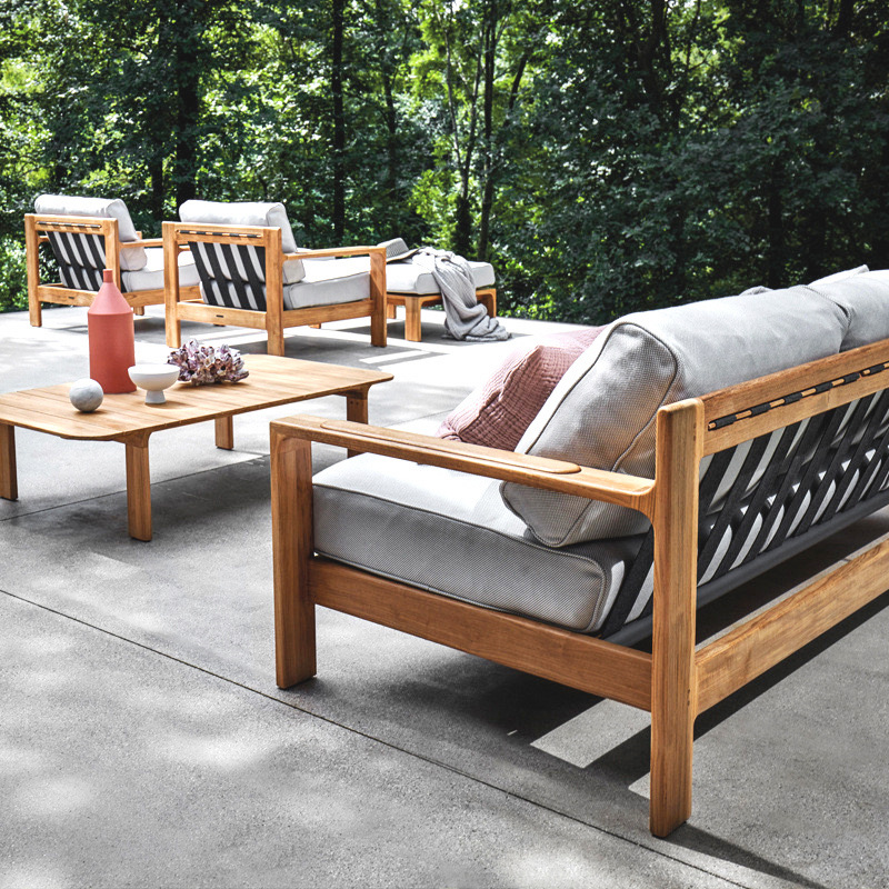 Sofá de madera sólida al aire libre Jardín al aire libre patio ocio mesa de té de teca combinada al aire libre muebles impermeables y protectores solares