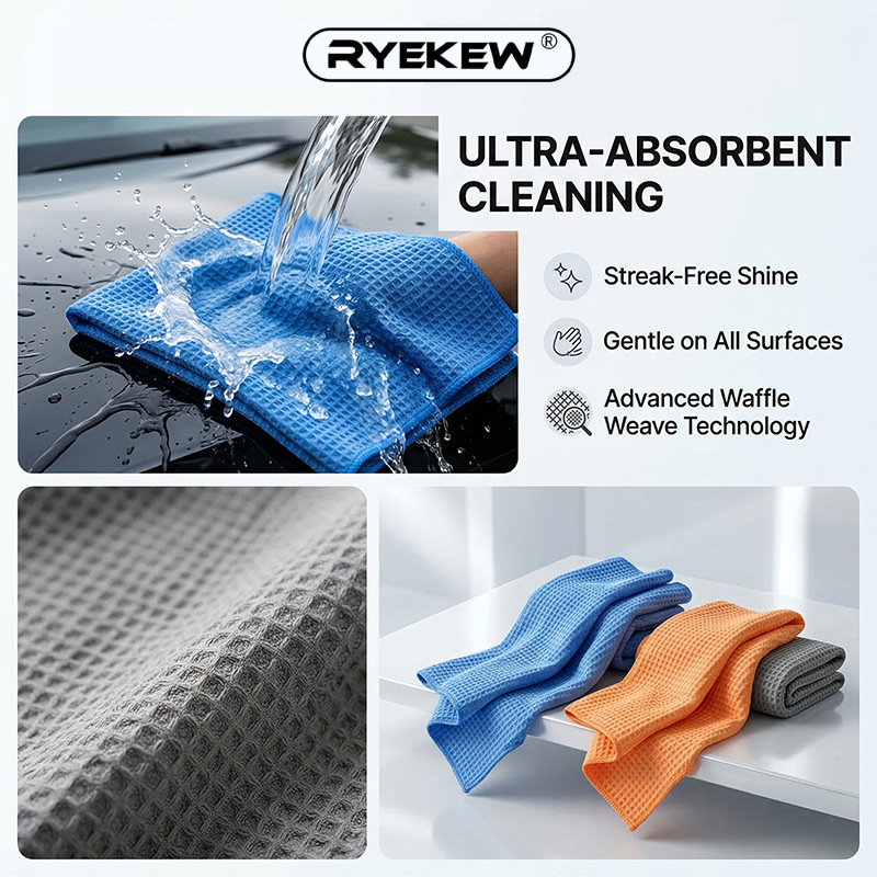 Ryekew Car Cleaning Towel, Car Absorbent Towel, Household Kitchen Absorbent Towel, Non-Marking Glass Towel, Waffle Cleaning Towel