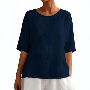 Women's Linen 3/4 Sleeve Blouse Crew Neck Summer Casual Tops