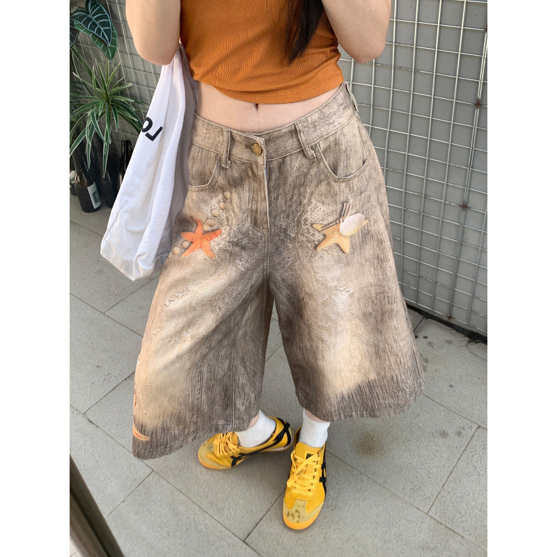 Real Shot of Plus-Size Washed Denim Capri Pants with Starfish Print for Women, Street Style, Straight Loose Fit, Slimming Wide-Leg Mid-Length Pants