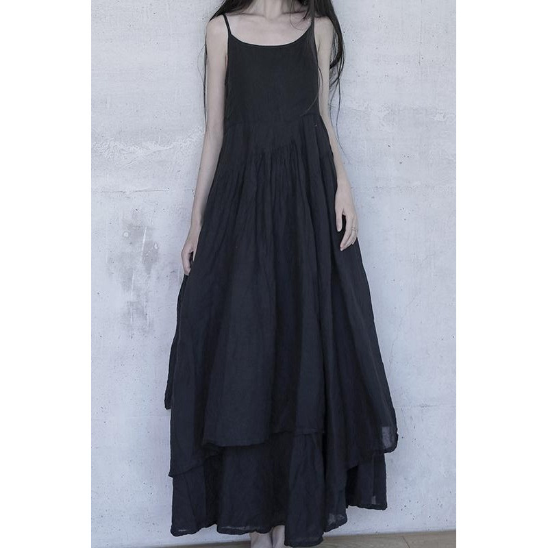 【2347】Retro Literary Cotton and Linen Suspender Dress Summer Extra Long Beach Skirt Elegant Suspender Long Skirt Wide