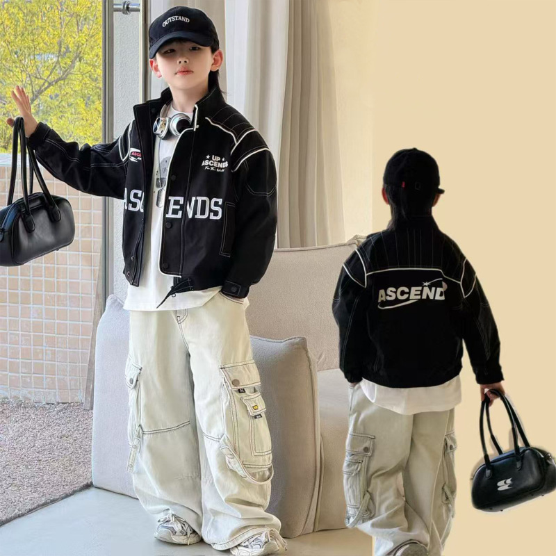 Children's New Spring Jacket for Boys, Motorcycle Style Stand Collar Jacket, Korean Style Trendy Versatile Black Pants for Boys