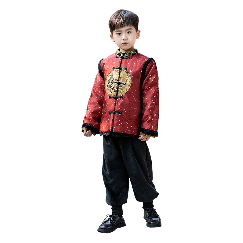 Детская одежда для китайского Нового года костюм Тан на флисовой подкладке, зимний костюм для мальчиков из двух частей в китайском стиле ханьфу, студенческое костюмированное платье, шарф