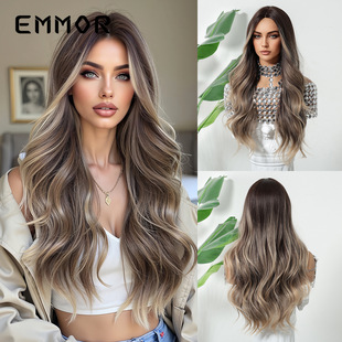 Europe and the United States foreign trade cross-border new wig women's medium gradient brown long curly hair big wave full head wig wig