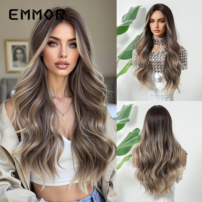 New Foreign Trade Cross-Border Product: Women's Wig with Middle Parting, Gradient Brown Long Curly Hair, Large Waves, Full Head Wig
