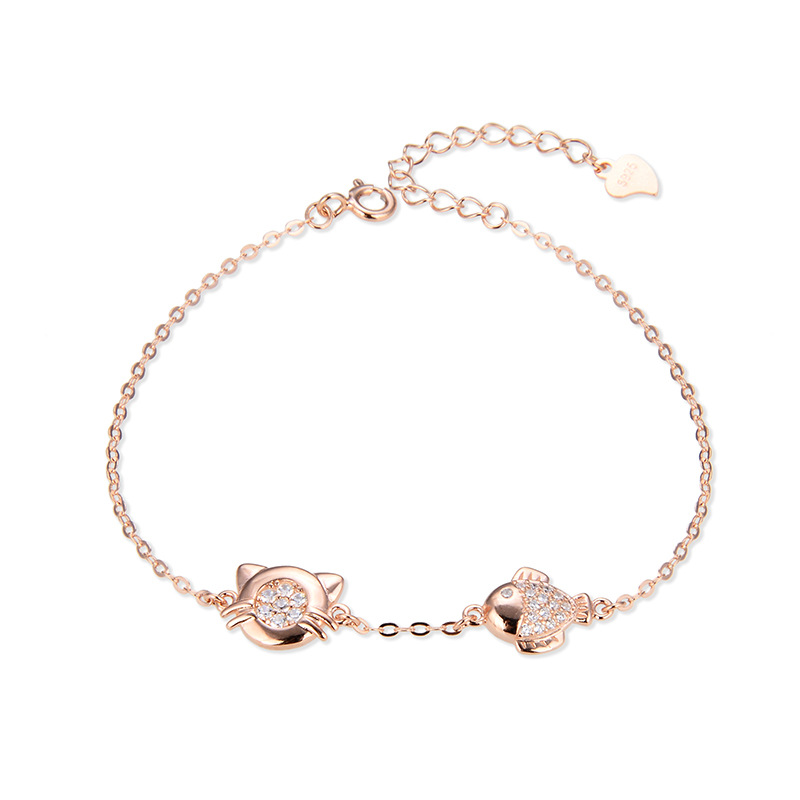 Accesorios de joyería de oro rosa de moda Corea del Sur s925 pulsera de circón de plata Pulsera de temperamento en forma de pez de gato de las mujeres