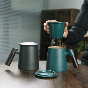 Ceramic Tea Separation Bubble Cup with Lid Filter Cup Creative Wooden Handle Cup Office Gift Cup Engraving logo