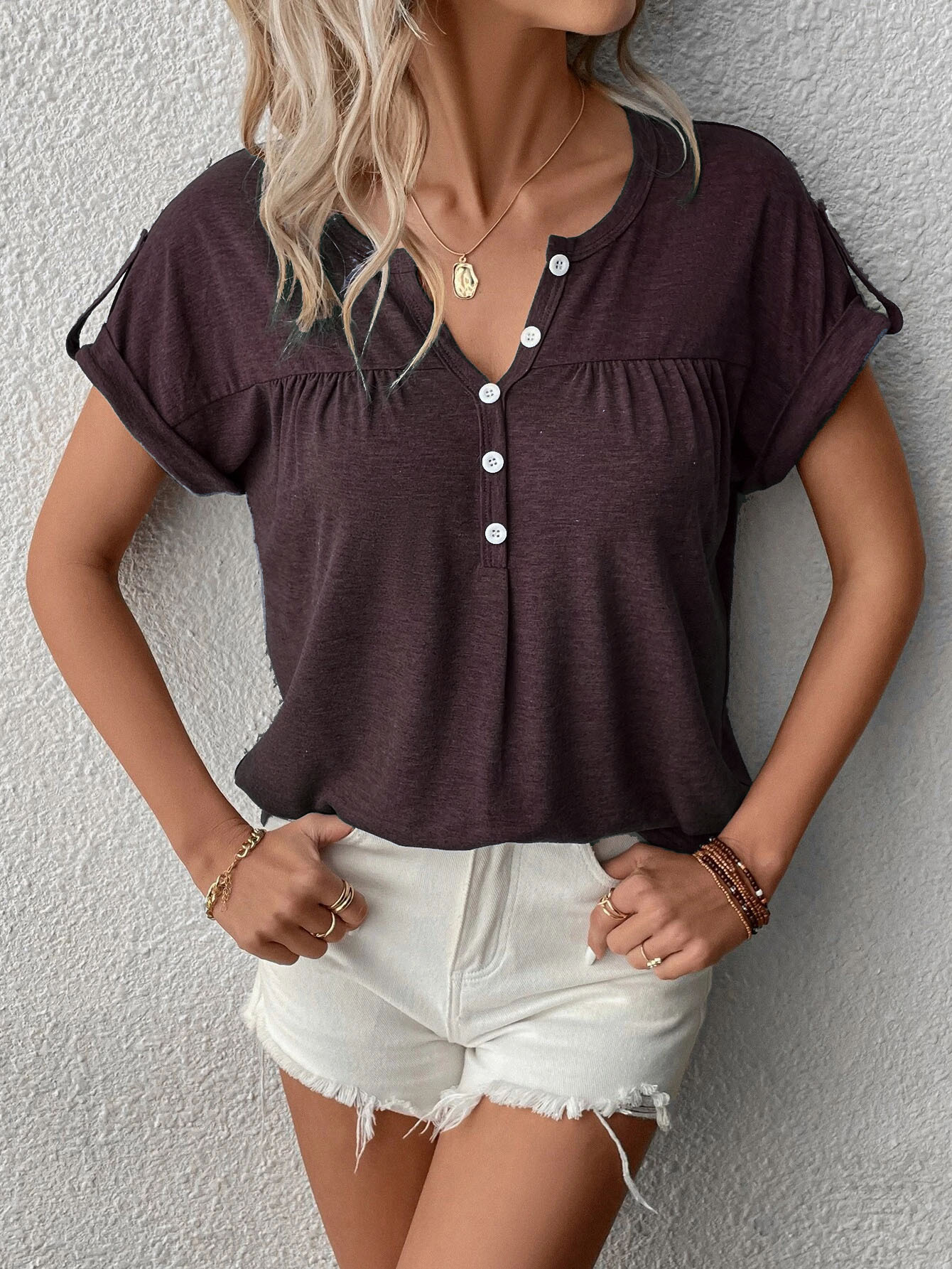 Women's T-shirt Short Sleeve T-shirts Patchwork Button Simple Style Solid Color display picture 2