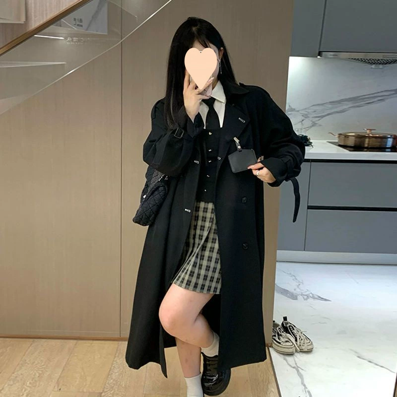 Осеннее длинное trench coat для студентов, до середины, корейский стиль, западный стиль
