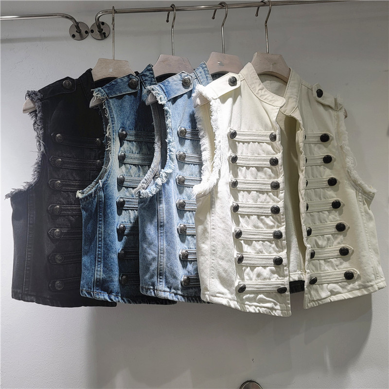 Diseño de estilo de corte estilo de moda suelto delgado de metal de construcción pesada sin mangas de collar chaqueta de mujer