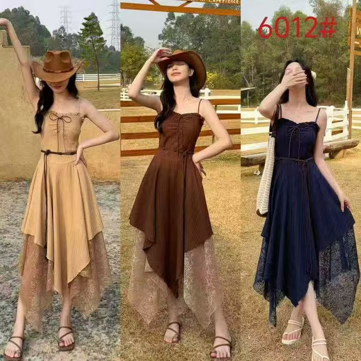 French-Style Suspender Dress for Women, Summer Waist-Cinching Slimming Long Dress, Elegant Seaside Vacation Style, Irregular Hem Design