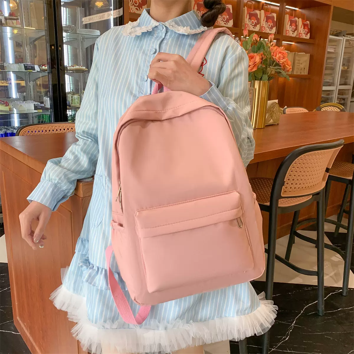 休闲大容量双肩包ins风时尚女生纯色糖果简约大学生书包出游背包