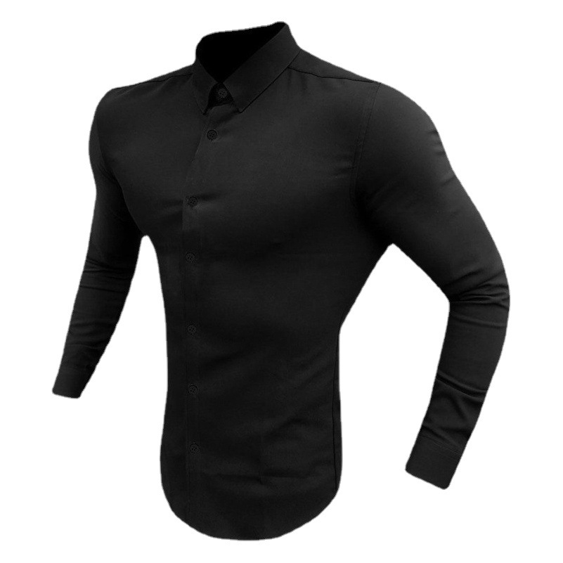 Músculo de los hombres de moda de deportes casual Camisa de manga larga de solapa micro elástico Delgado fitness cardigan negocio no planchar camisa