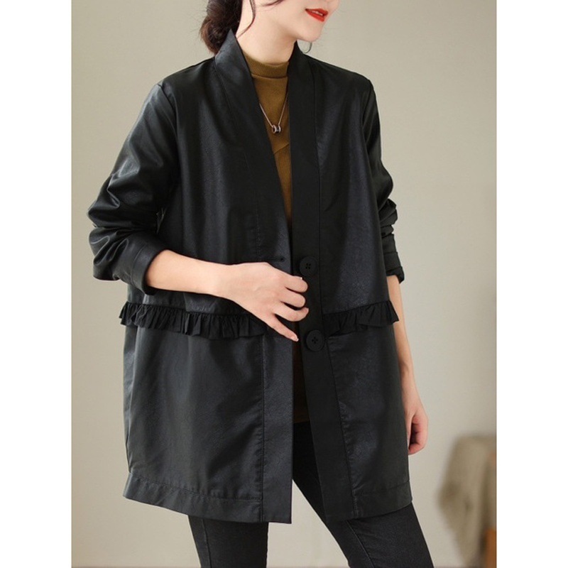 木耳边秋季新款宽松中长款V领PU外套女拼接女士时尚皮衣休闲风衣