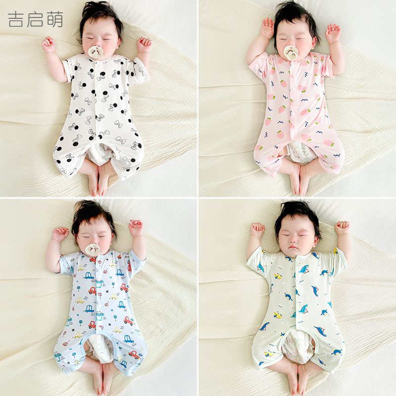 Mono de verano para bebés, mampara de entrepierna abierta de manga corta delgada para recién nacidos, pijamas de verano para niños pequeños para hombres y mujeres, ropa para bebés
