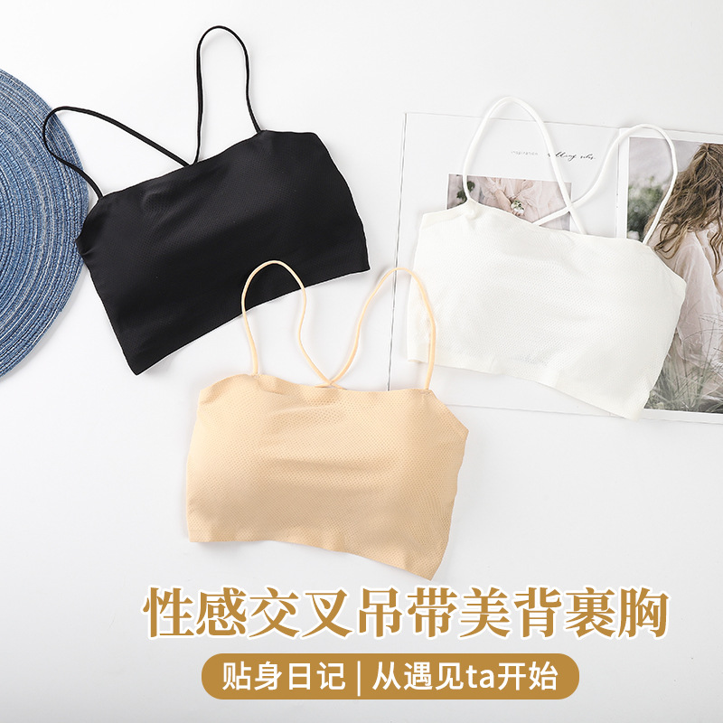 여름 얇은 얼음 실크 원활한 섹시한 크로스 슬링 아름다운 다시 포장 가슴 벨트 가슴 패드 안티 러닝 라이트 튜브 탑 여성용 브래지어