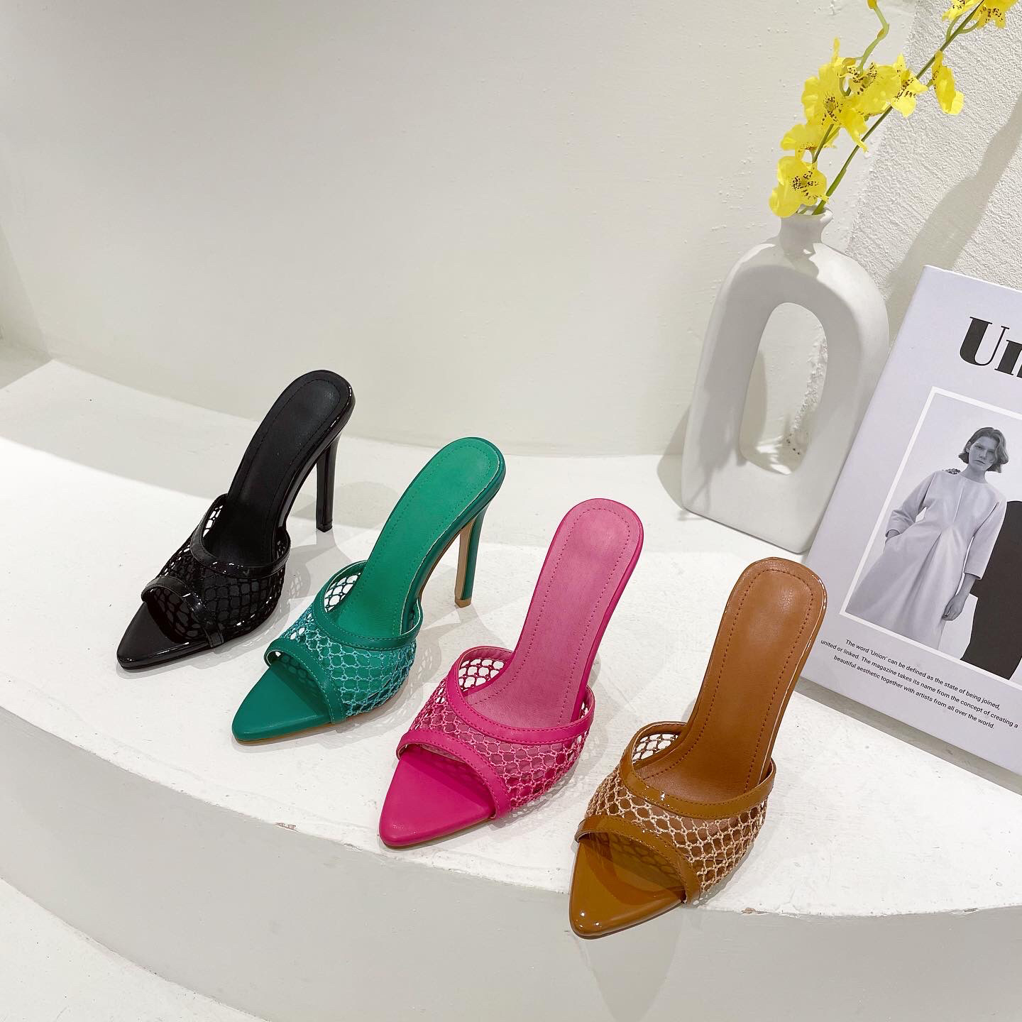 Pointed Toe Mesh Surface Hollow Stiletto Slippers NSSO81989