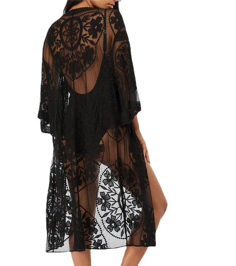 2023 primavera y verano europeo y americano suelta bordado malla blusa bikini blusa vacaciones playa cardigan transfronterizo mujeres