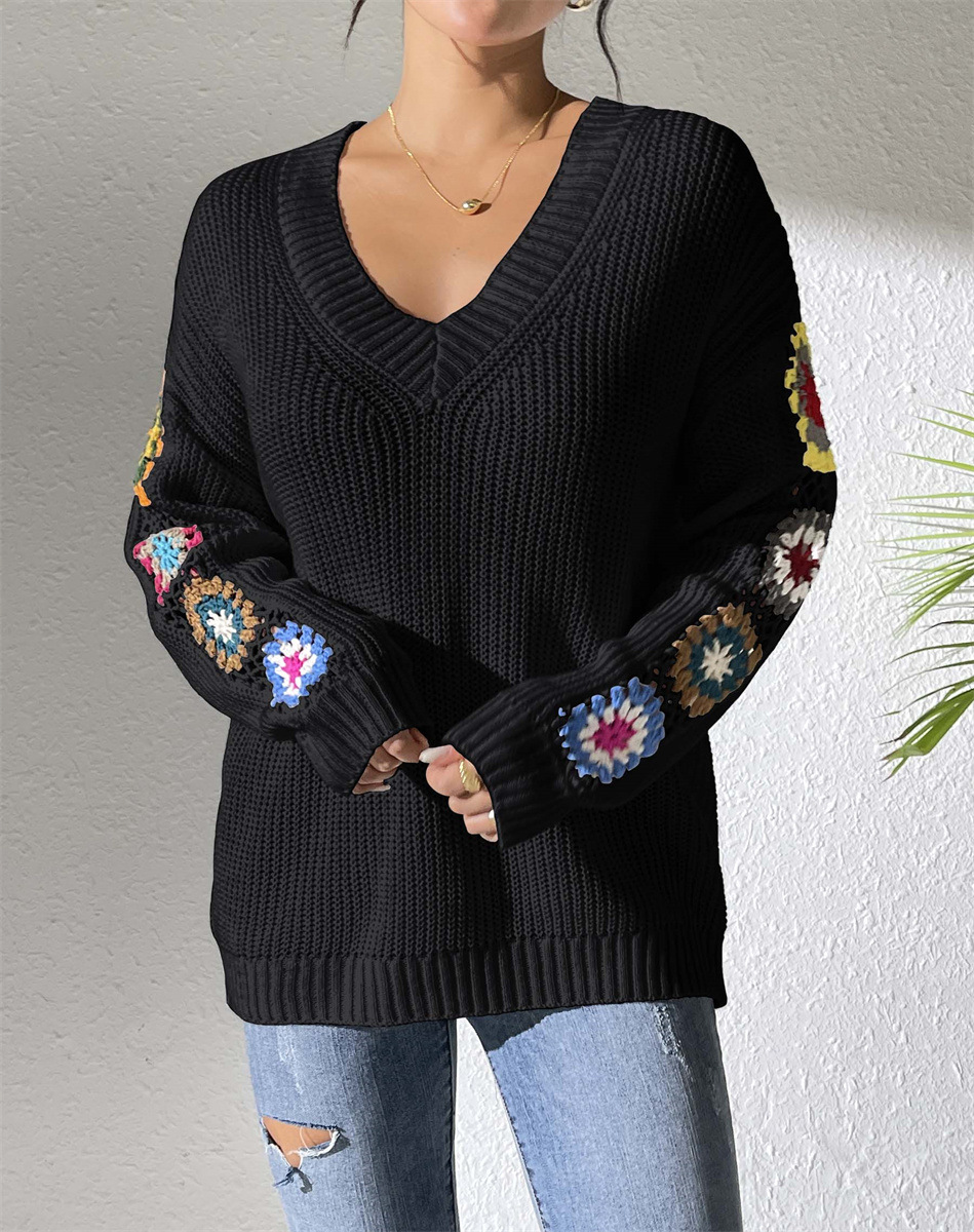 Suéter de otoño y invierno nuevo estilo de ropa de mujer europea y americana suéter de gancho de mano flor empalme suéter de cuello en V Amazon explosión