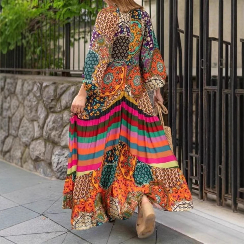 2023 Cross-Border Positioning Printed Large Hem Ultra-Long Ethnic Style Dress Women's Pleated Summer New Elegant Long Skirt Ready for Sale