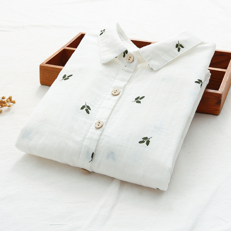 Double-Layer Cotton Gauze Shirt for Women, Long-Sleeved, Artistic, Fresh, Printed, Export Export, High-Quality Pure Cotton Bottoming Shirt Top