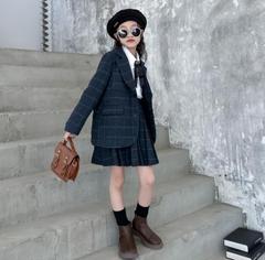 女童2023秋冬新款中大童西裝百褶裙套裝英倫復古格子小香風兩件套