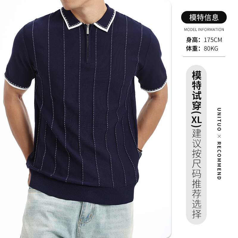 Europa y los Estados Unidos vieja camiseta de polo de punto de hombre con solapa vertical rayas de manga corta de negocios casual ropa de hombre camiseta de verano