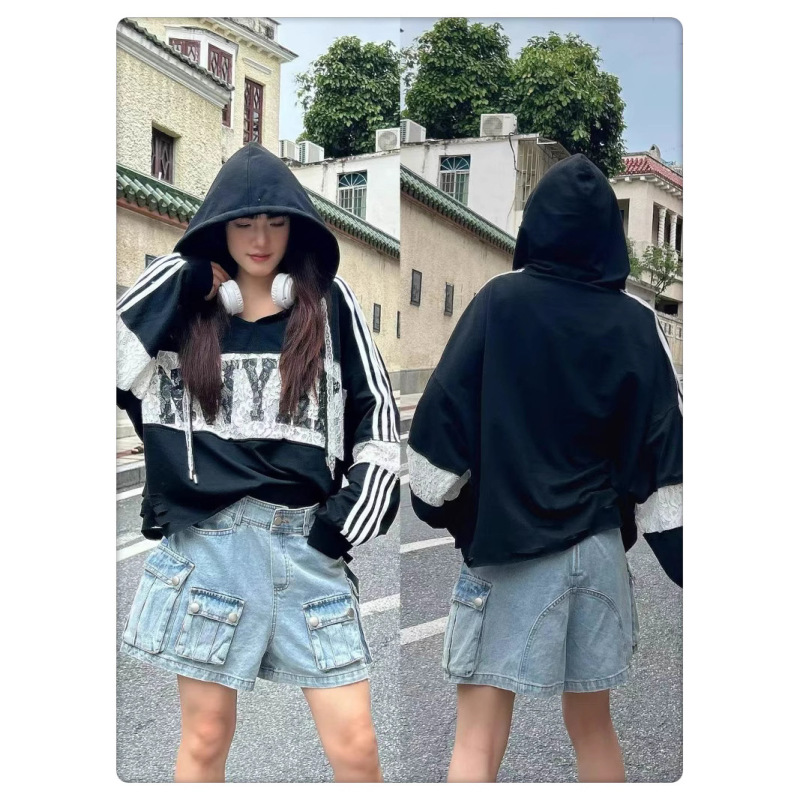 European-Style Hooded T-Shirt for Women 2025 Autumn New Lace Letter Patchwork Striped Sleeves Ripped Loose Top Trendy