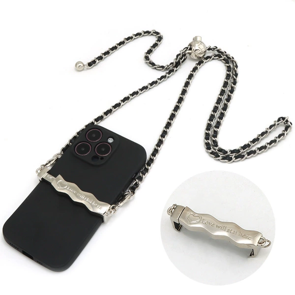 Silver wavy back clip + leather silver chain and black leather adjustable within 120cm (love logo)
