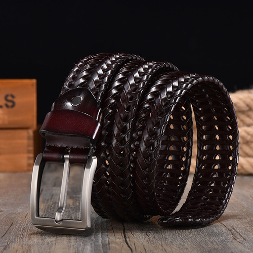 Wholesale handwoven belts for men genuine leather cowhide retro casual pin buckle hollow belt drop shipping