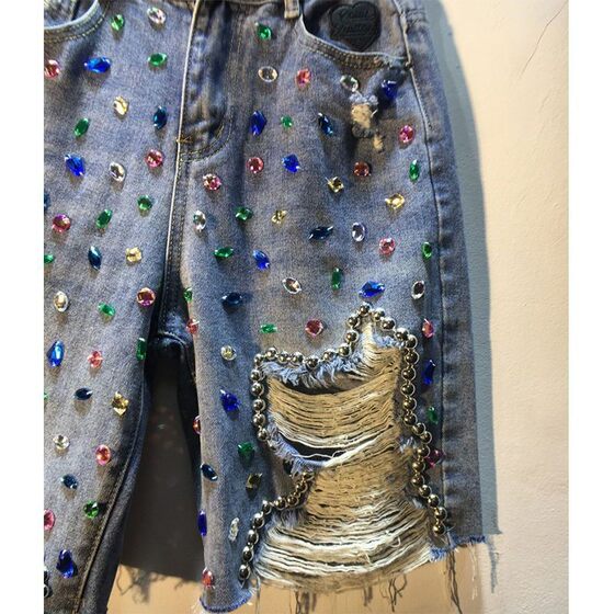 2023 heavy industry Diamond beaded high waist Denim shorts women's summer new slim fit all-match ripped tassel hot pants fashion