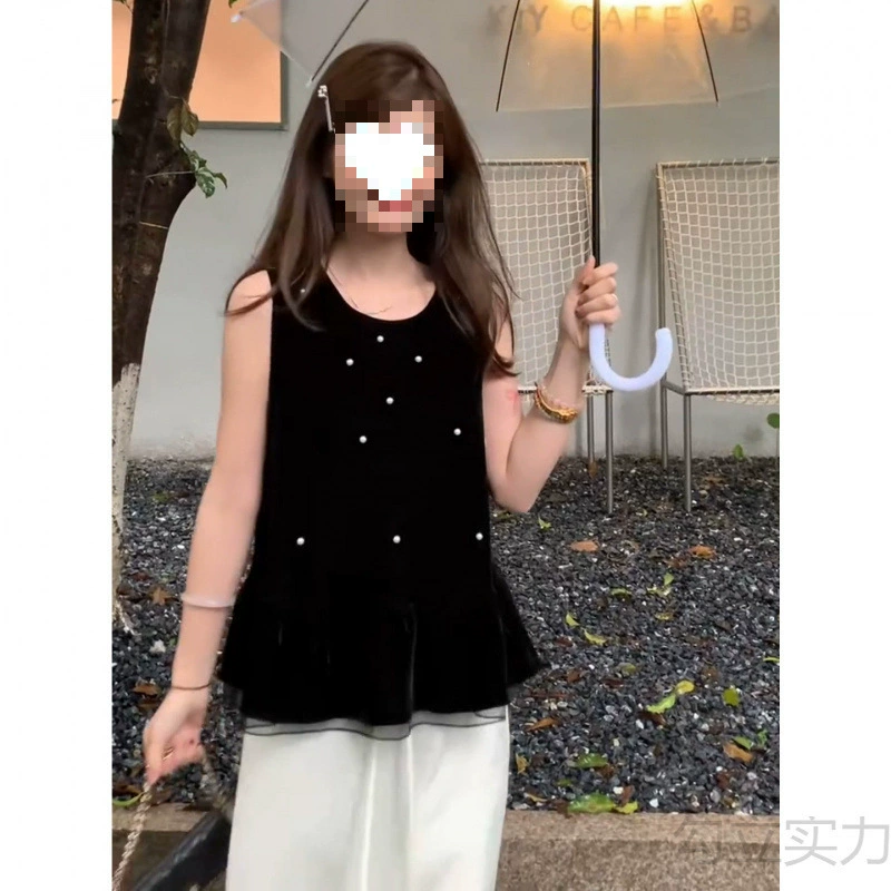 Черная женская рубашка без рукавов с рюшами во французском стиле, летний дизайн с тяжелым бисером, элегантный свободный топ-жилет.