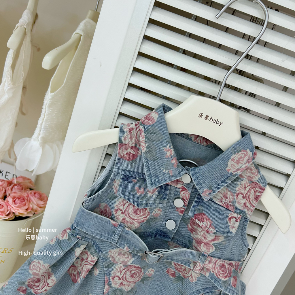 [Ropa para niños Le En] Vestido de mezclilla delgado con solapa sin mangas de verano para niñas de alta calidad con estampado completo