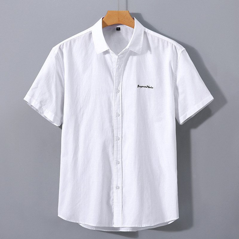 American Style Heavyweight Short Sleeved Shirt, Men's Summer Lapel Embroidered Casual Inch Shirt, Solid Cotton Material, White Shirt, Men's_voghion.com