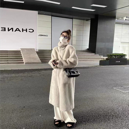 Women's winter faux fur leather coat, long length faux mink plush, over-the-knee turtleneck faux fur coat