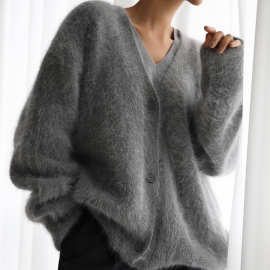 2026跨境热卖春秋仿貂开衫女慵懒风宽松毛衣外套柔软长袖针织衫