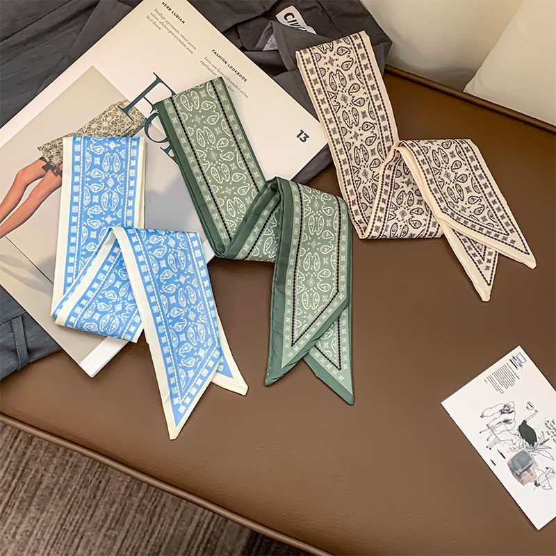 Pañuelo de seda largo, sensación de alta calidad, serie de flores de anacardo retro, pañuelo pequeño estilo ins de doble cara, bolso atado, cinta para el cabello