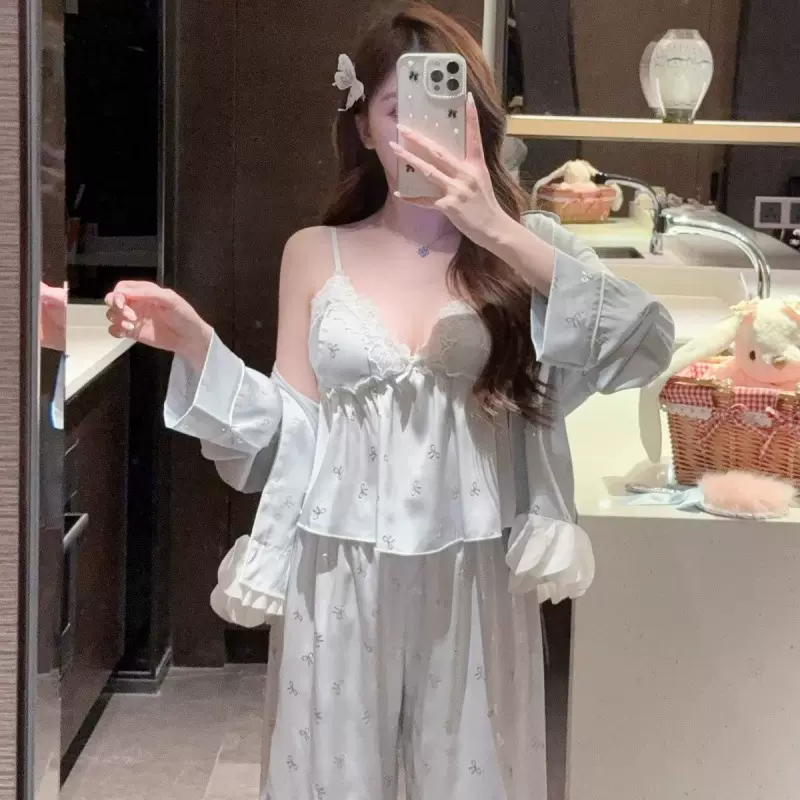 【蓝蝶云栖】新款冰丝四件套吊带短裤睡衣女夏缎面家居服直播爆款