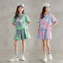 Korean style cotton girls camouflage short-sleeved summer suit on behalf of 2023 tie-dye printed letter sports culottes two-piece set