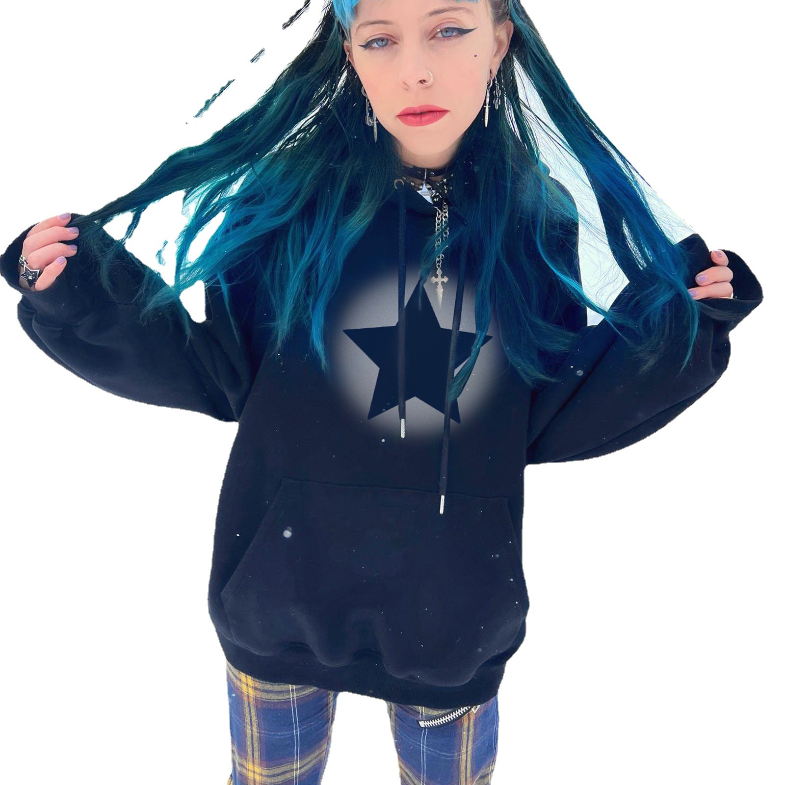 Felpa con cappuccio personalizzata con stampa a stella a cinque punte per donna Autunno 2022, nuova tasca, manica lunga, casual_voghion.com