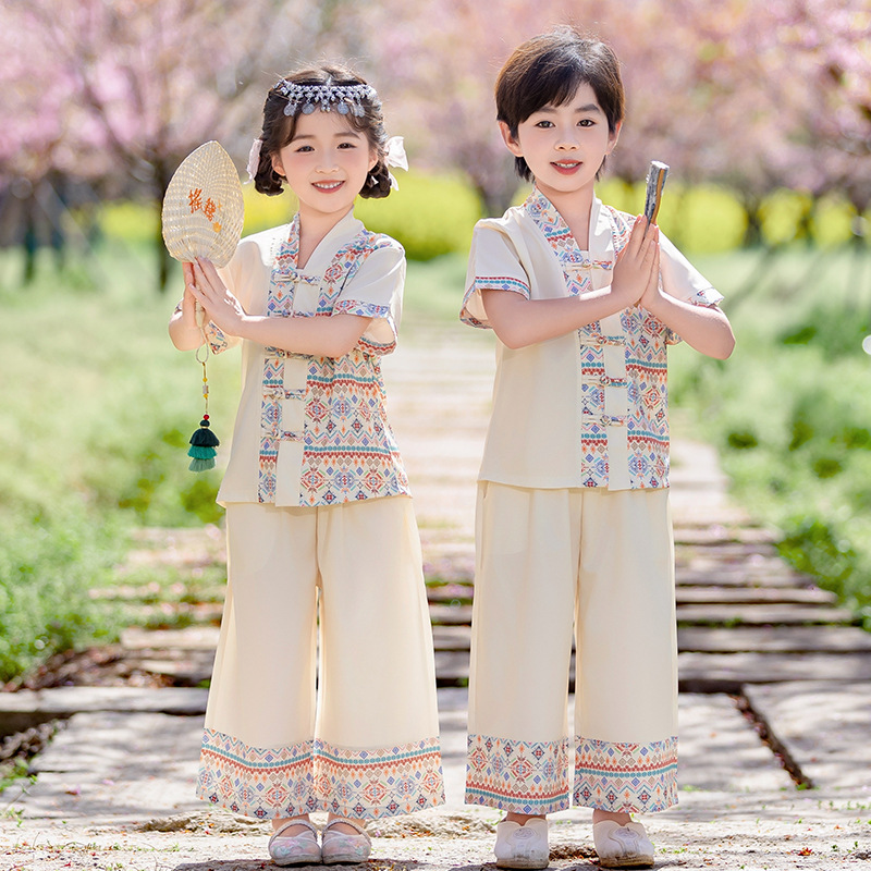 儿童演出服国学汉服男童夏装中国风女童汉服表演唐装古风六一套装