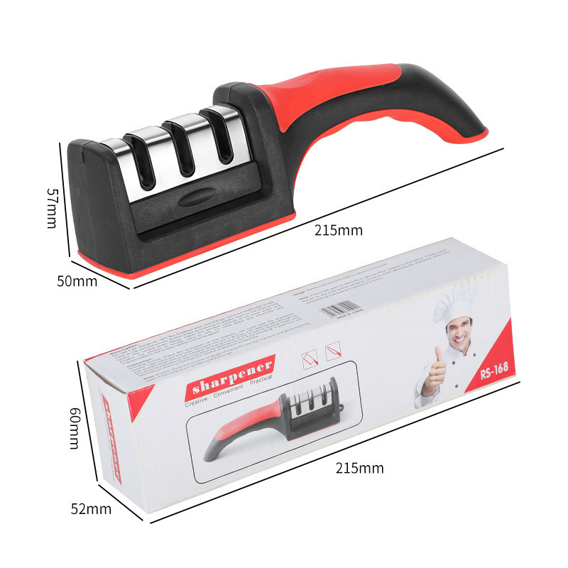 Fábrica mayorista de acero inoxidable doméstico multifuncional tres o cuatro piezas afiladora de cuchillo de cocina manual afiladora