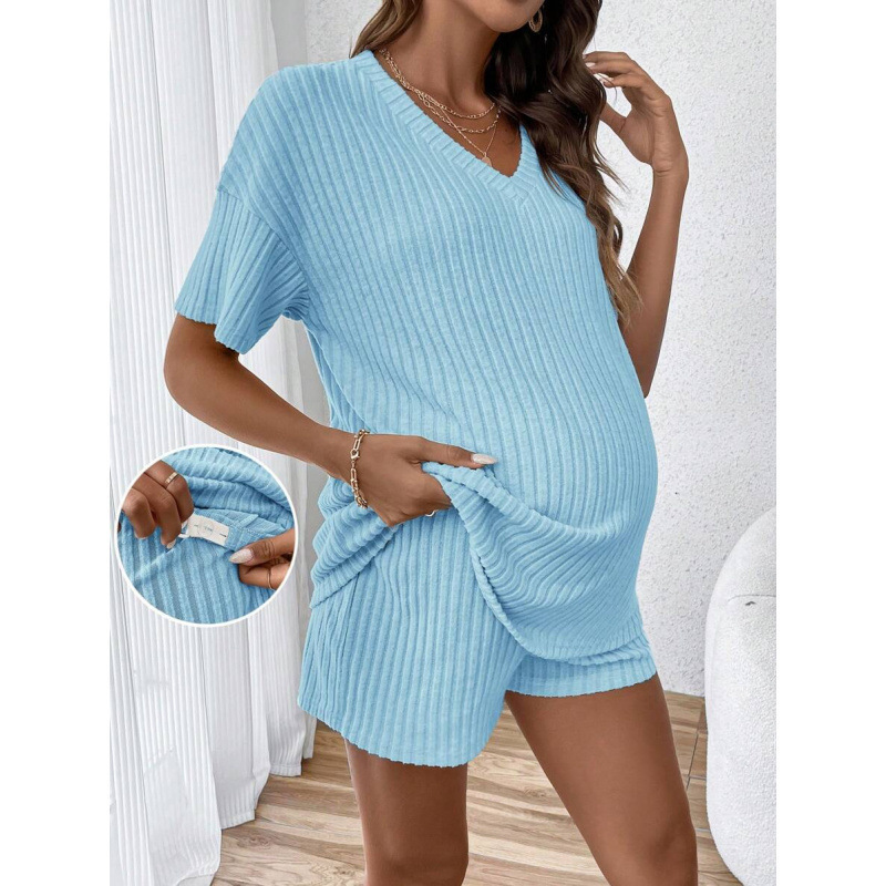 26-Year-Old Amazon Maternity Knit Two-Piece Set with Knitted V-Neck Short-Sleeve Top and Adjustable Waist Shorts
