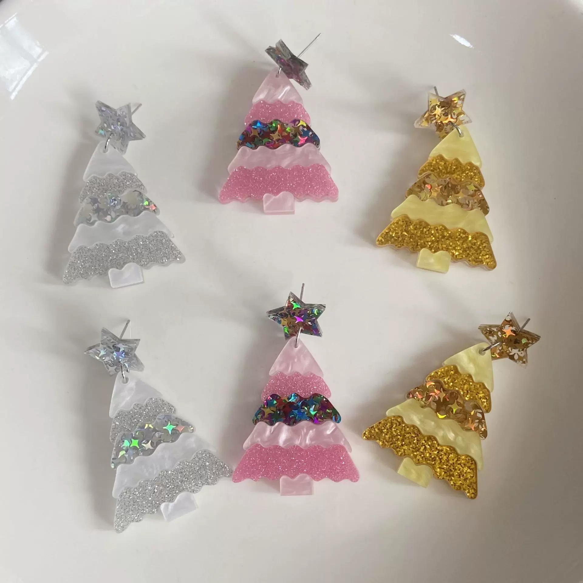 欧美跨境圣诞节亚克力耳环几何亮片星星拼接圣诞树甜美格式耳饰女