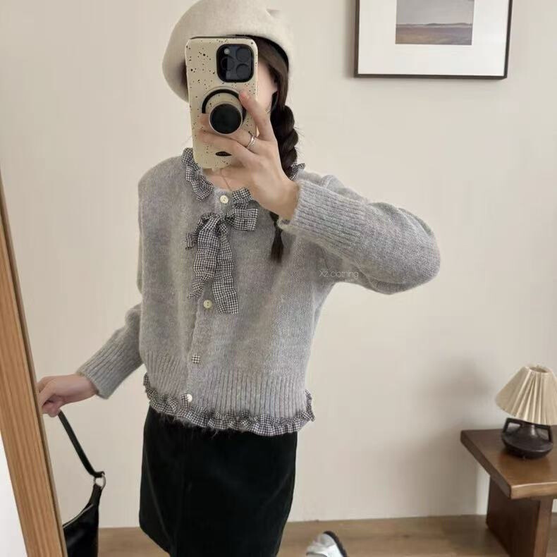 韩系别致木耳边拼接圆领针织开衫女秋季女装设计感蝴蝶结毛衣外套|undefined